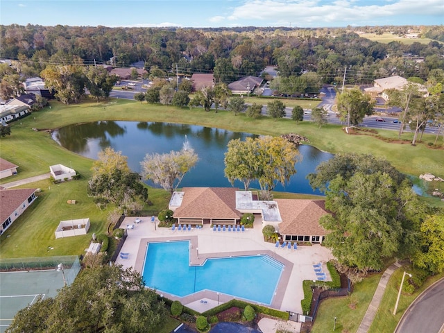 birds eye view of property featuring a water view