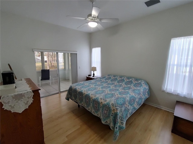 bedroom featuring light wood-type flooring, ceiling fan, visible vents, and baseboards