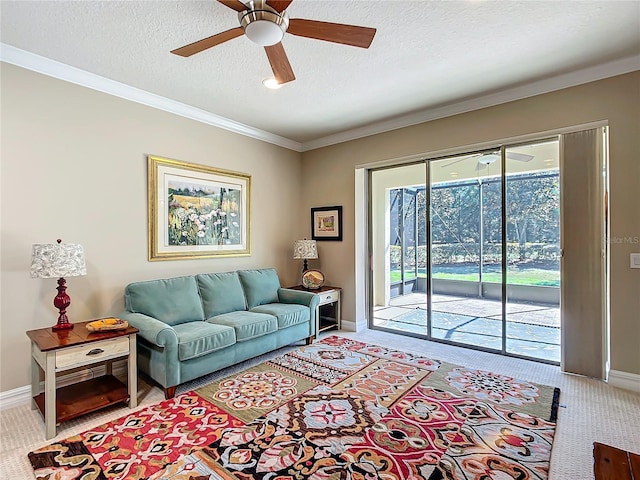 living area featuring carpet floors, ceiling fan, ornamental molding, and a textured ceiling