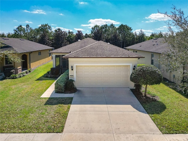 ranch-style house with stucco siding, a shingled roof, concrete driveway, a front yard, and a garage