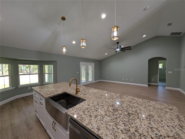 kitchen featuring a sink, vaulted ceiling, wood finished floors, and open floor plan