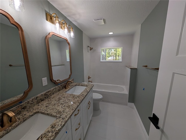 bathroom with shower / bathtub combination, toilet, tile patterned floors, and a sink