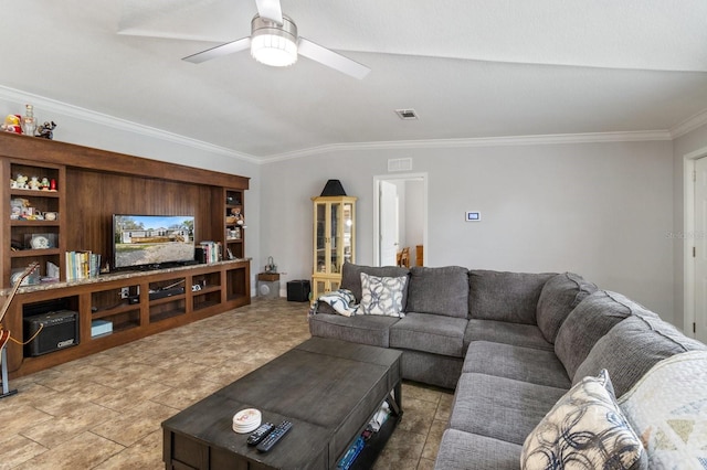 living area featuring crown molding, visible vents, and ceiling fan