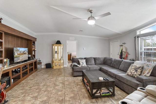 living room featuring baseboards, visible vents, a ceiling fan, crown molding, and light tile patterned flooring