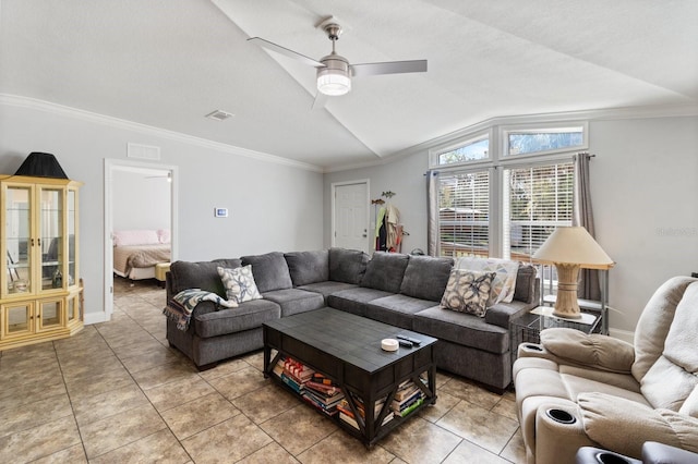 tiled living room with visible vents, baseboards, ceiling fan, ornamental molding, and vaulted ceiling