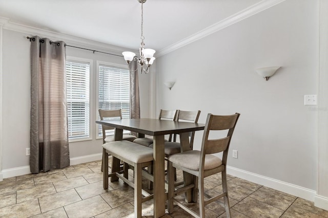 dining room with a chandelier, crown molding, baseboards, and light tile patterned floors