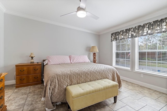 bedroom with a ceiling fan, crown molding, baseboards, and light tile patterned floors