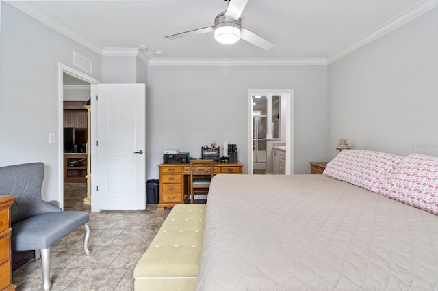 bedroom featuring ceiling fan, visible vents, and crown molding