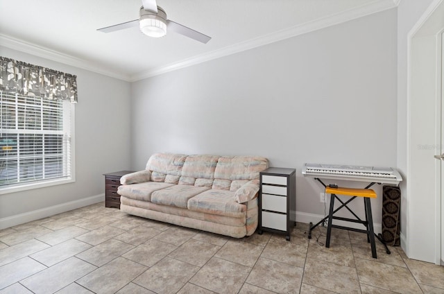 living room with baseboards, light tile patterned floors, a ceiling fan, and crown molding