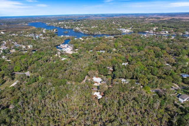 aerial view featuring a water view and a wooded view