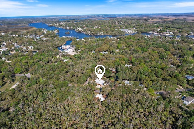 aerial view featuring a forest view and a water view