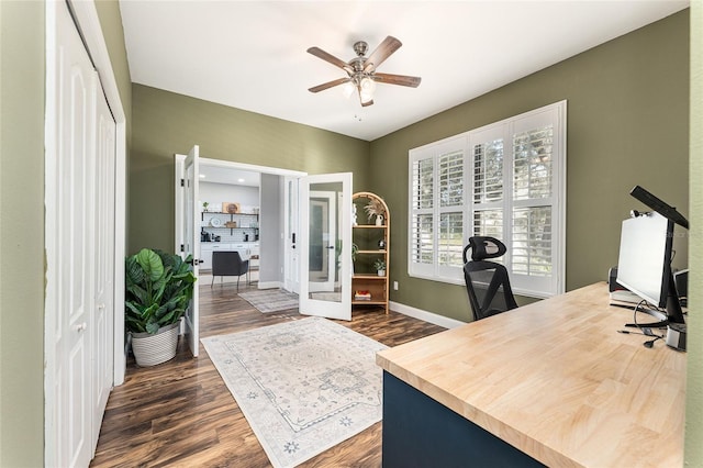 office featuring ceiling fan, dark wood finished floors, and baseboards