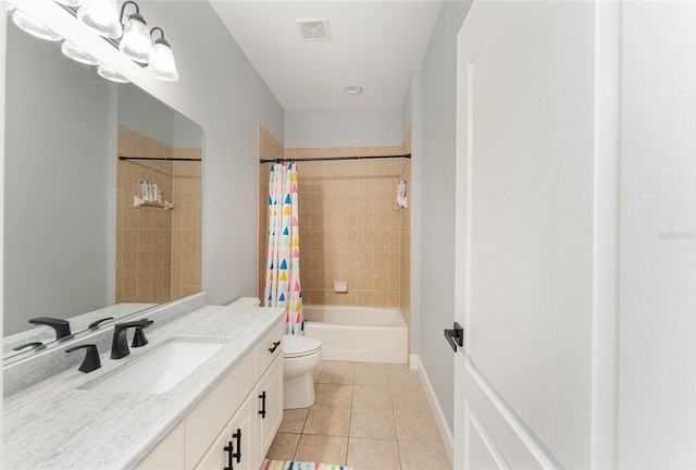 bathroom featuring shower / tub combo, visible vents, toilet, tile patterned floors, and vanity