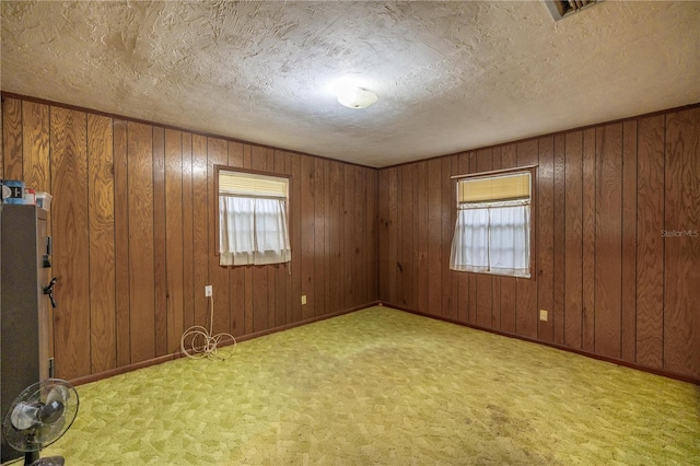 empty room featuring a textured ceiling, light carpet, baseboards, and a healthy amount of sunlight