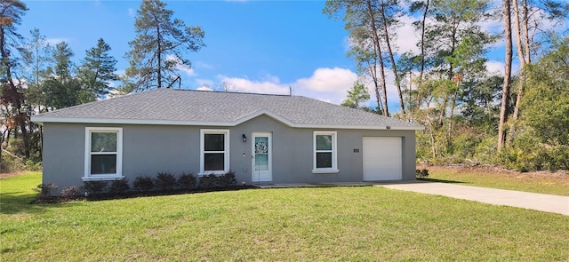 single story home featuring driveway, a garage, a shingled roof, a front yard, and stucco siding