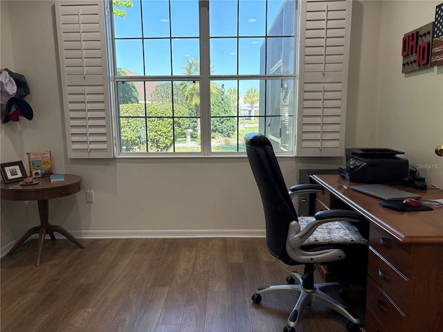 office area with dark wood finished floors and baseboards