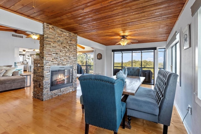 dining room with visible vents, a ceiling fan, wood ceiling, a stone fireplace, and light wood-type flooring