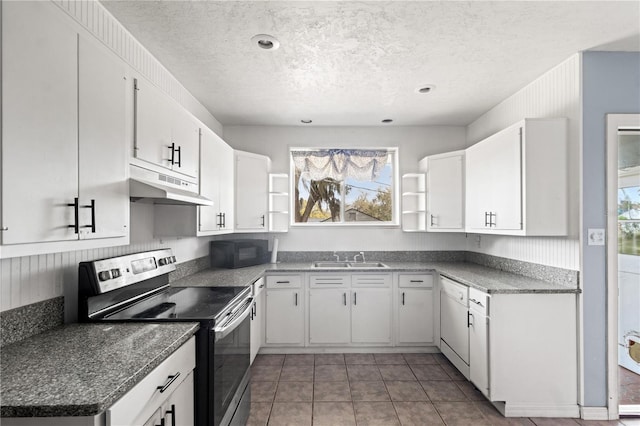 kitchen with stainless steel electric range oven, black microwave, white cabinetry, and under cabinet range hood