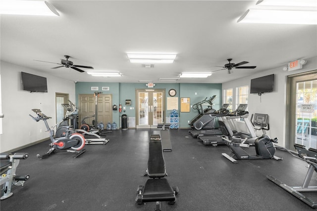 workout area featuring french doors, visible vents, ceiling fan, and baseboards