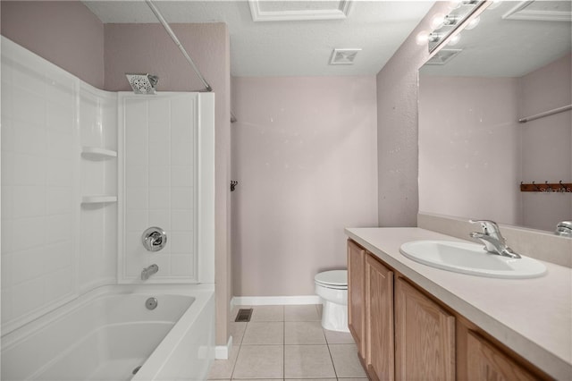 bathroom with visible vents, toilet, vanity, shower / tub combination, and tile patterned flooring