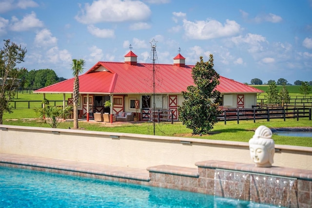 outdoor pool with an outdoor structure and an exterior structure