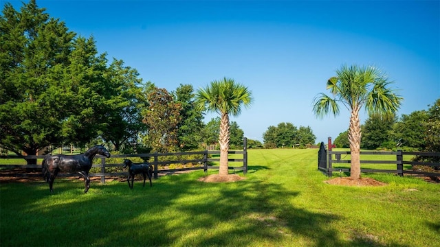 view of property's community with fence, a lawn, and a rural view