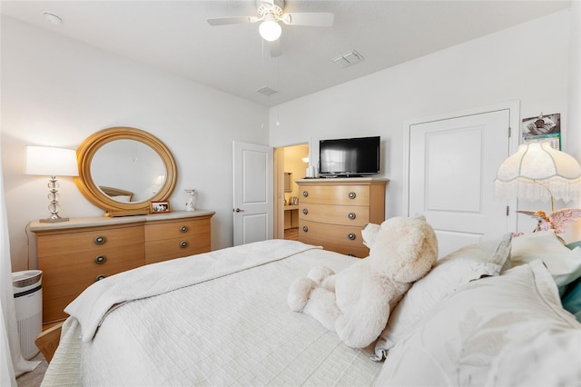 bedroom featuring visible vents and ceiling fan