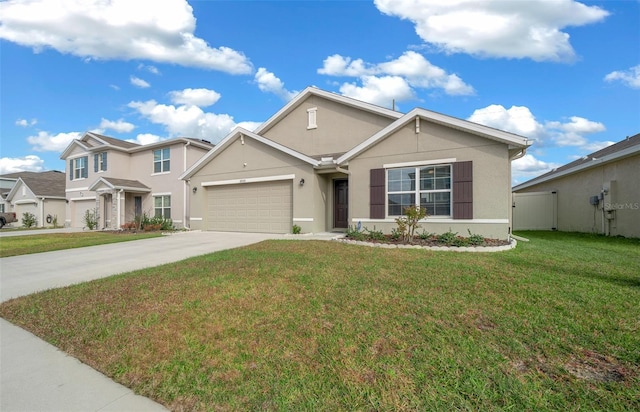 view of front of house with a residential view, driveway, a front lawn, and stucco siding