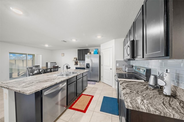 kitchen with a center island with sink, visible vents, appliances with stainless steel finishes, a sink, and backsplash