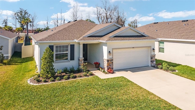 view of front facade featuring stucco siding, driveway, a front lawn, and a garage