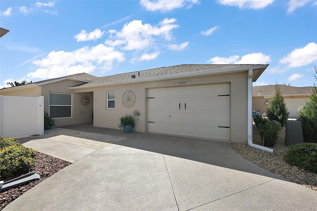 single story home with concrete driveway, an attached garage, fence, and stucco siding