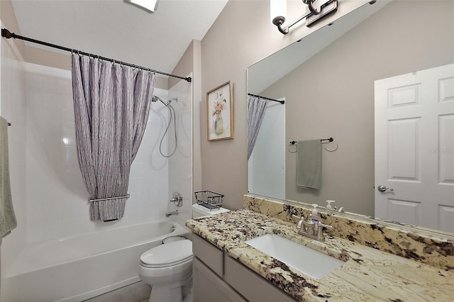 full bath with vaulted ceiling, vanity, shower / bath combo with shower curtain, and toilet