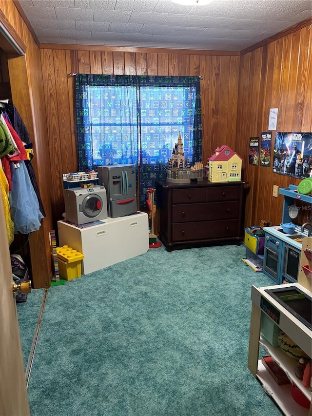 bedroom with wood walls and carpet