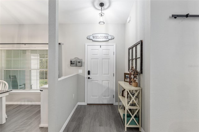 entrance foyer featuring wood finished floors and baseboards