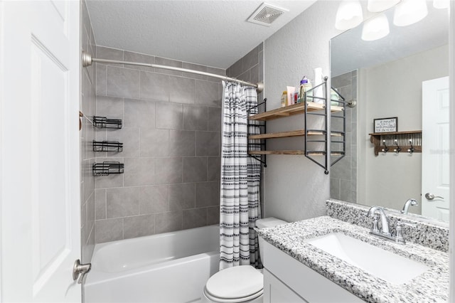 full bath with toilet, a textured wall, shower / bath combination with curtain, and visible vents