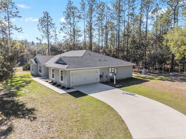 ranch-style home with roof with shingles, stucco siding, concrete driveway, an attached garage, and a front lawn