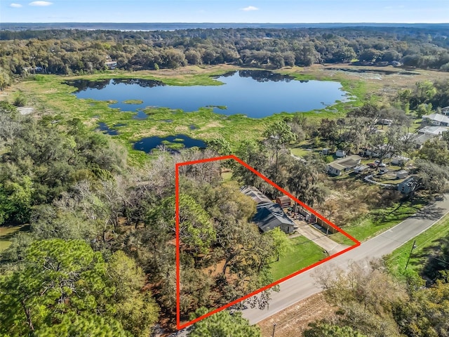 birds eye view of property featuring a water view and a wooded view