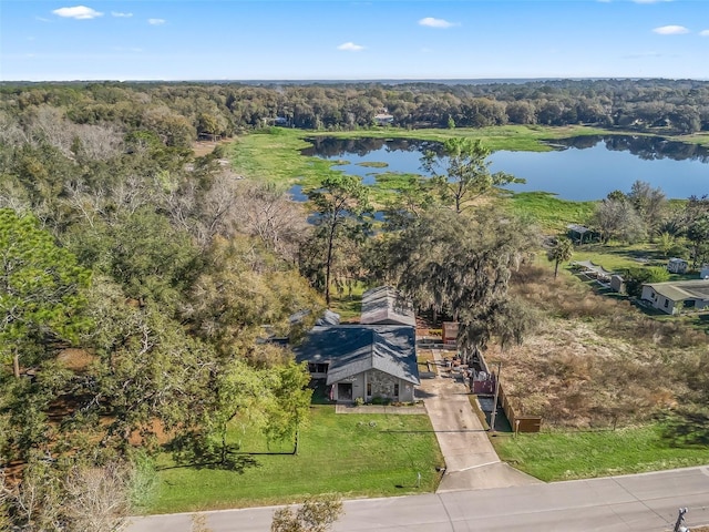 birds eye view of property with a water view and a view of trees