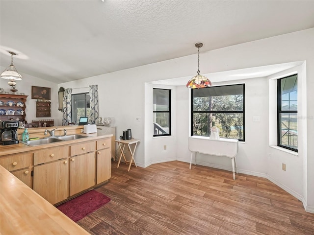 kitchen with decorative light fixtures, light countertops, a sink, and wood finished floors