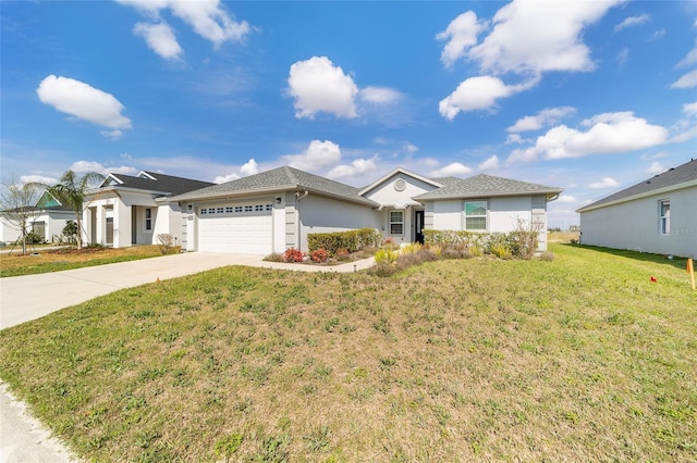 ranch-style house featuring an attached garage, a front lawn, concrete driveway, and stucco siding