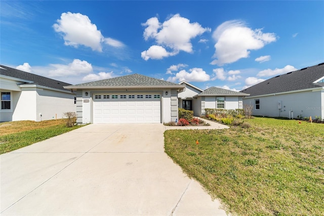 ranch-style house featuring a front lawn, driveway, an attached garage, and stucco siding