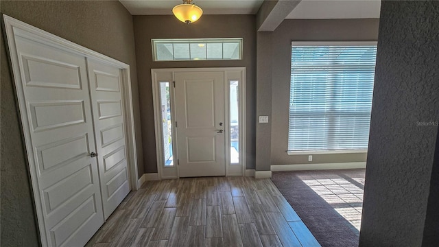 entryway with wood finished floors, a wealth of natural light, and baseboards