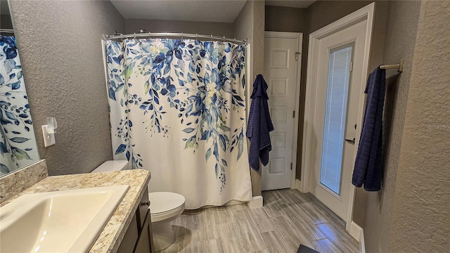 bathroom featuring toilet, vanity, wood finish floors, and a textured wall