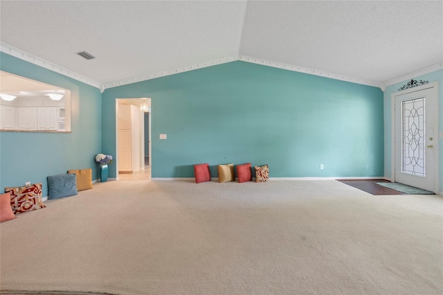 interior space with visible vents, carpet flooring, vaulted ceiling, a textured ceiling, and baseboards