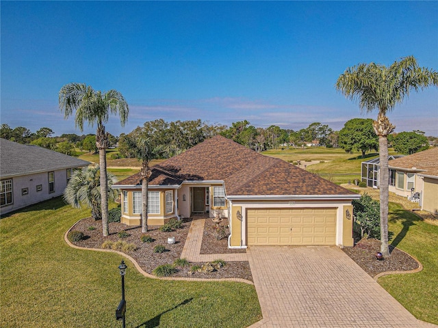 single story home with a garage, a front yard, decorative driveway, and stucco siding