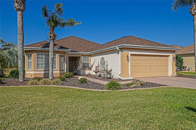 ranch-style home with concrete driveway, roof with shingles, an attached garage, a front lawn, and stucco siding