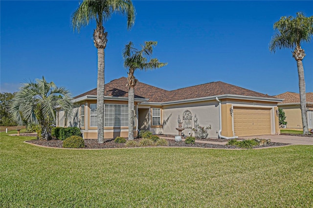 single story home with an attached garage, driveway, a front lawn, and stucco siding