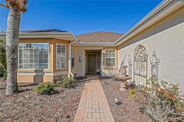 doorway to property featuring roof with shingles and stucco siding