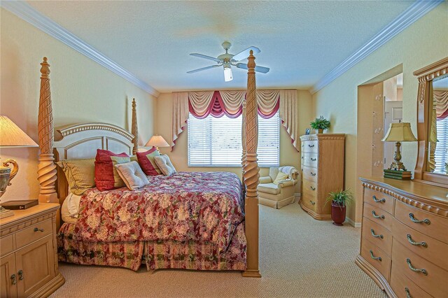 bedroom with light carpet, crown molding, a textured ceiling, and ceiling fan