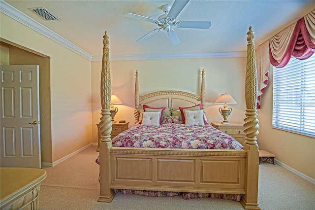 bedroom featuring ornamental molding, light colored carpet, visible vents, and baseboards